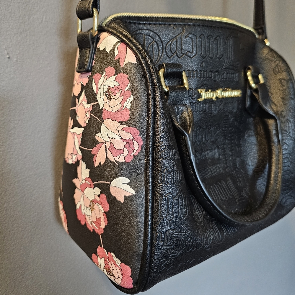 Juicy Couture Speedy Satchel Crossbody Black Debossed Floral Purse Gold Accents